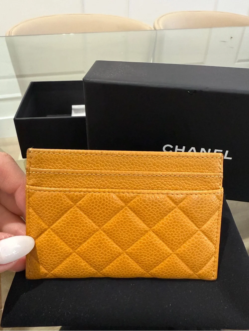 CHANEL Quilted Caviar Leather Card Holder in Mustard